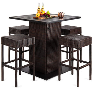5-Piece Outdoor Wicker Bar Table Set with 4 Stools