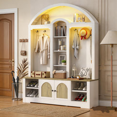 77" Arched Hall Tree with Bench, LED Lights & Shoe Storage