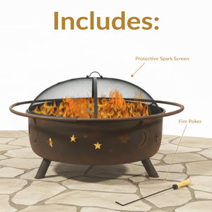 42-Inch Round Wood-Burning Outdoor Fire Pit with Spark Screen and Poker