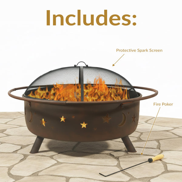42-Inch Round Wood-Burning Outdoor Fire Pit with Spark Screen and Poker
