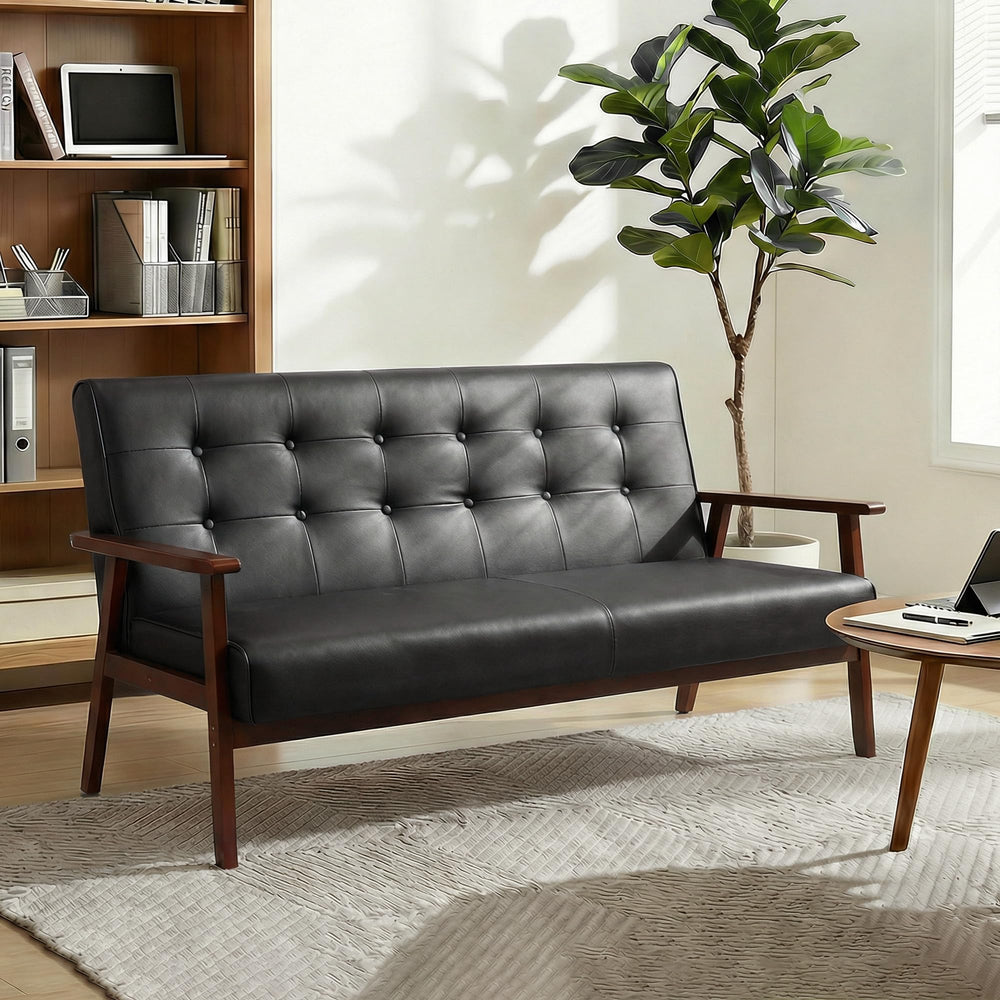 Mid-Century Modern Loveseat Sofa – Faux Leather, 2-Seat