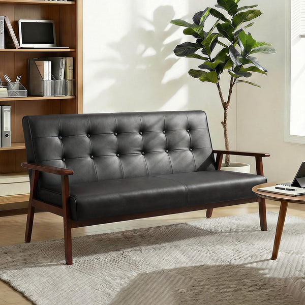 Mid-Century Modern Loveseat Sofa – Faux Leather, 2-Seat