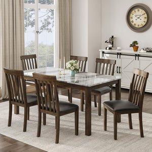 7-Piece Farmhouse Dining Table Set with Faux Marble Top & Cushioned Chairs
