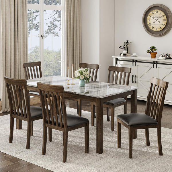 7-Piece Farmhouse Dining Table Set with Faux Marble Top & Cushioned Chairs