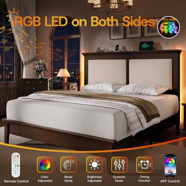 Wood Bed Frame with LED Headboard & Charging Station