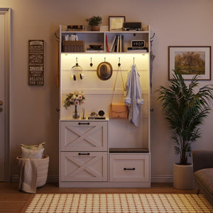 5-in-1 Entryway Hall Tree with Bench, Shoe Storage & LED Light