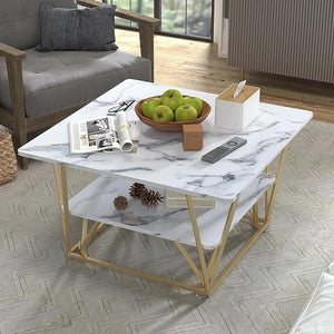 Round Coffee Table with Storage, 30" Marble White Top & Gold Frame