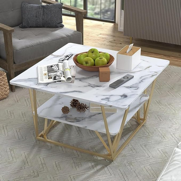 Round Coffee Table with Storage, 30" Marble White Top & Gold Frame