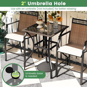 Counter Height Outdoor Bistro Table with Umbrella Hole & Tempered Glass Top
