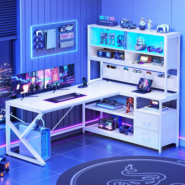 L-Shaped Gaming Desk with Bookshelf, LED Light & Storage Drawers