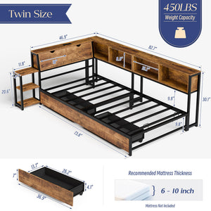 Twin Corner Bed Frame with Storage & LED Lights