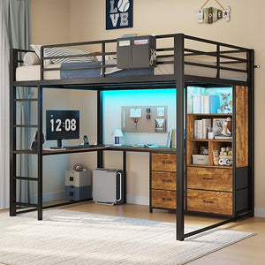 Full Size Loft Bed with L-Desk, Bookshelf & Storage
