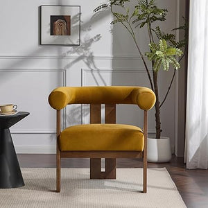 Velvet Accent Chair with Curved Backrest & Wooden Legs