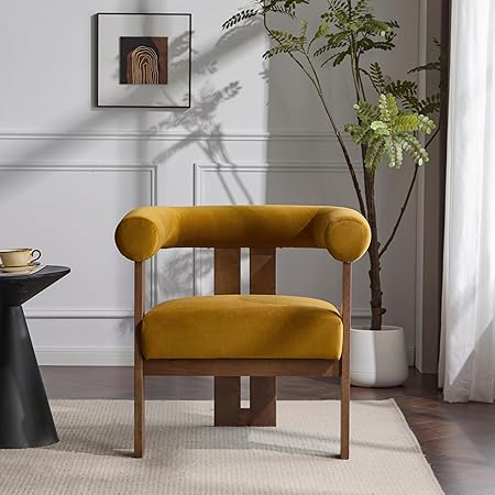 Velvet Accent Chair with Curved Backrest & Wooden Legs