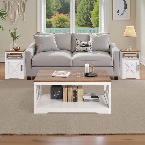 Farmhouse Coffee Table Set with 2 End Tables & Charging Station