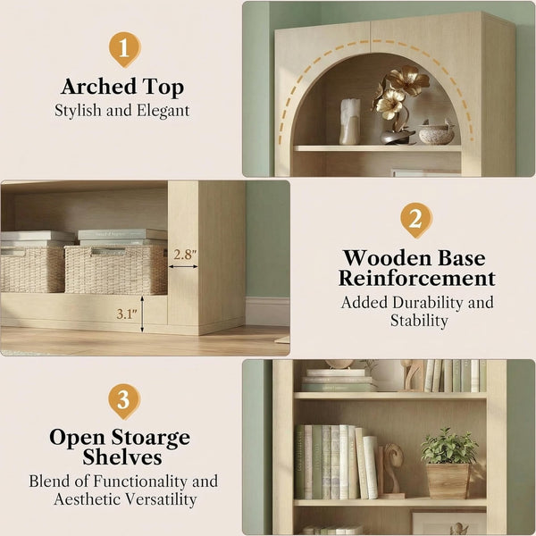 71" Tall Arched Bookcase – 5-Tier Open Wooden Bookshelf