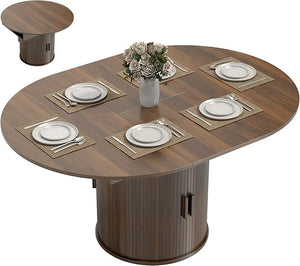 Extendable Round to Oval Dining Table with Storage Pedestal