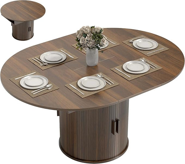 Extendable Round to Oval Dining Table with Storage Pedestal