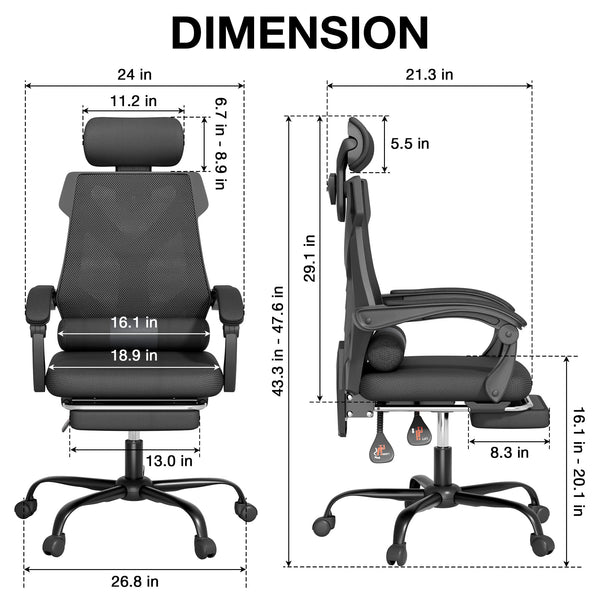 Mesh Office Chair with Footrest & Reclining High Back