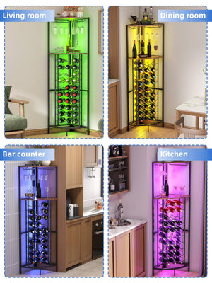 Corner Wine Rack with LED Strip Light & Glass Holder — 30 Bottle, 3-Tier, Brown