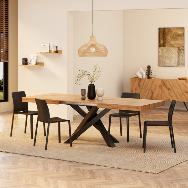 Extendable Dining Table, Rustic Oak with Black Crossed Legs, Seats 6–10