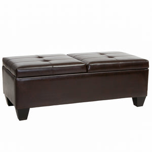 Leather Storage Ottoman with Double-Door Lid, Chocolate Brown