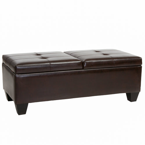 Leather Storage Ottoman with Double-Door Lid, Chocolate Brown