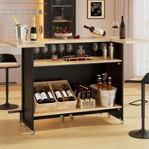 61-Inch Foldable Bar Table with Storage Cabinet & Lockable Wheels