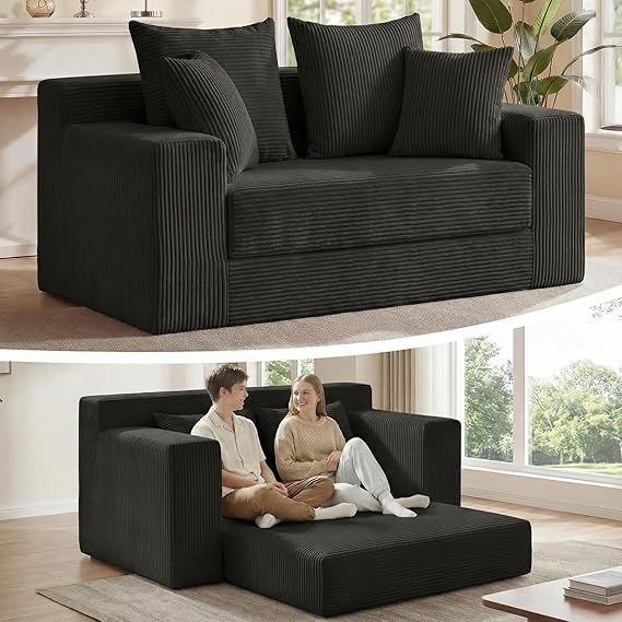 Convertible Sofa Bed Boneless Loveseat Sleeper with 4 Pillows & Detachable Cushion
