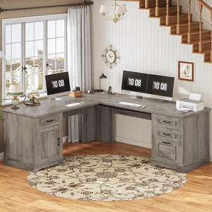 L-Shaped Executive Desk with Drawers & Power Outlet