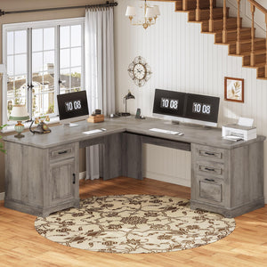 L-Shaped Executive Desk with Drawers, Storage Cabinet & Power Outlet