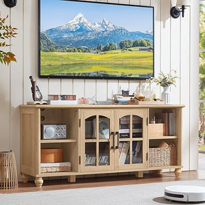 Farmhouse TV Stand with Glass Door & Adjustable Shelves – Fits Up to 65" TVs