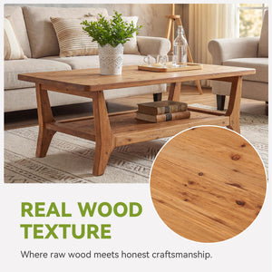 Solid Wood Coffee Table with 2-Tier Shelf & Rounded Corners