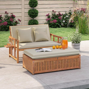 Acacia Wood Outdoor Daybed Set with Adjustable Backrest & Storage Ottoman