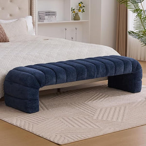 NIOIIKIT 69.7" Ottoman Bench, Teddy Upholstered Queen Size End of Bed Bench, Channel Tufted Entryway Bench with Cushion, Long Bedroom Bench, Window Bench Seat for Entryway, Living Room (Ivory)