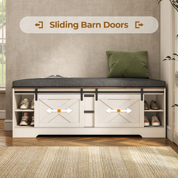 Farmhouse Storage Bench with Cushion & Sliding Barn Doors