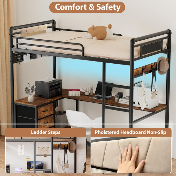 Twin Loft Bed with L-Shaped Desk, LED Lights & Storage