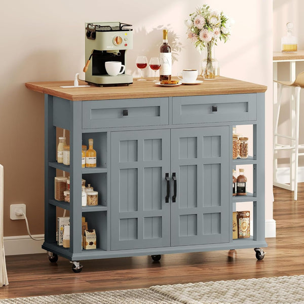 Rolling Kitchen Island with Drop Leaf & Power Outlet