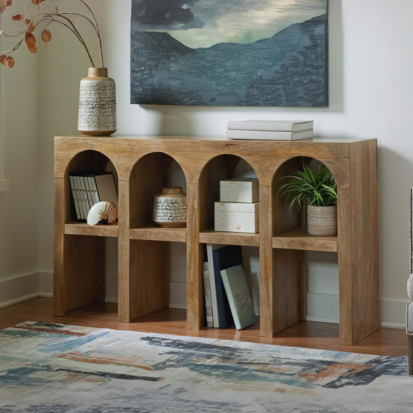 Mango Wood Console Sofa Table with 4 Shelves – Light Brown