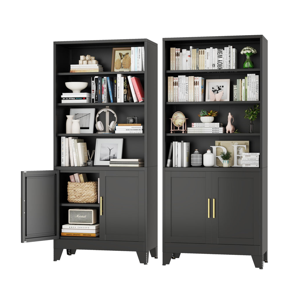 6-Tier Metal Bookcase with Doors – Floor Standing Storage Shelf