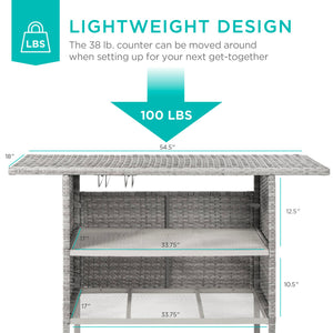 Outdoor Wicker Bar Counter Table with Steel Shelves & Wine Glass Racks