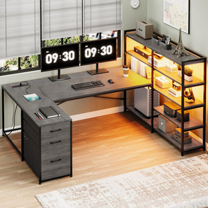 Corner Computer Desk with Power Outlet, LED Lights & Storage Shelves