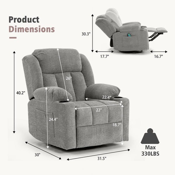 Overstuffed Rocker Swivel Recliner Chair with Massage & Heat