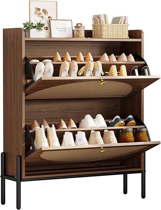 Rattan Shoe Cabinet with Flip Drawers