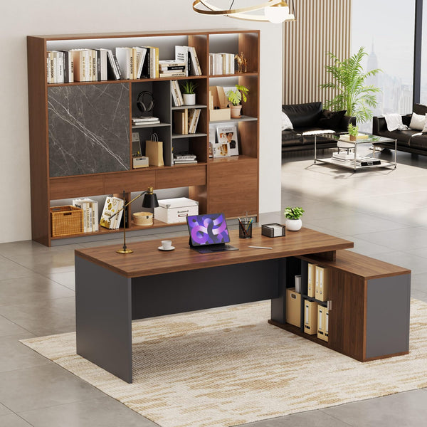 L-Shaped Executive Desk with Storage Cabinet & Open Shelves, 78.74"