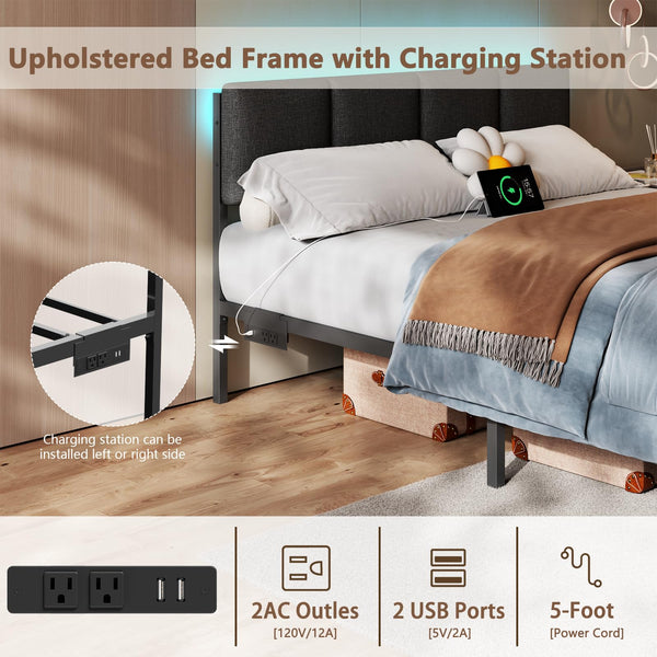 Queen Bed Frame with LED Lights, Storage Drawers & Charging Station