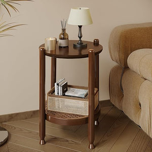 2-Tier Round End Table with Rattan Storage Shelf