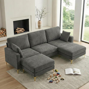 U-Shaped Sectional Sofa with Ottoman – Chenille Cloud Couch, 3-Seater