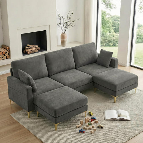 U-Shaped Sectional Sofa with Ottoman – Chenille Cloud Couch, 3-Seater