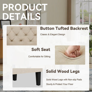 Mid-Century Modern Settee Bench with Tufted Back & Wood Legs